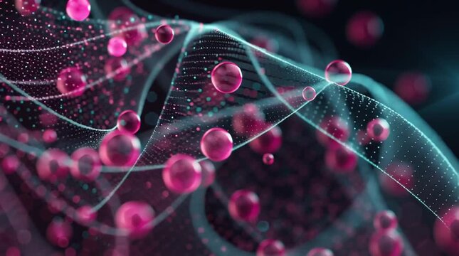 Ultra-detailed quantum wave function visualization merging with molecular structures, glowing particles and energy fields in pink, magenta and teal, dark cosmic background, futuristic scientific video