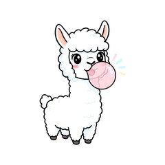 Obraz premium Cute Cartoon Llama Blowing Bubble Gum.