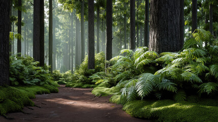 Dense forest tall tree green fern sunlight moss woodland nature tranquil path lush vegetation. Sunlight filters through tall trees dense forest