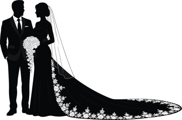 Elegant wedding couple silhouette featuring bride with long lace veil and floral bouquet standing with groom in suit for classic marriage invitation greeting card vector design