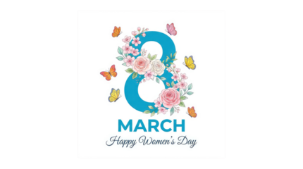 8 march womens day illustration shows a turquoise number eight with flowers and text on a white background studio shot on white and transparent
