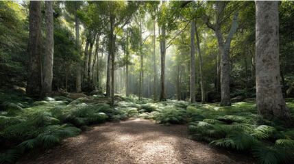 Dense forest with tall trees, sunlight streaming through leaves, lush green ferns, tranquil natural woodland path, peaceful atmosphere