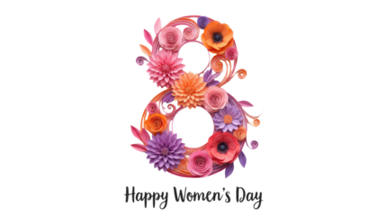 8 march womens day number eight made of pink and red floral elements with green accents, celebrating the day clean white background cutout