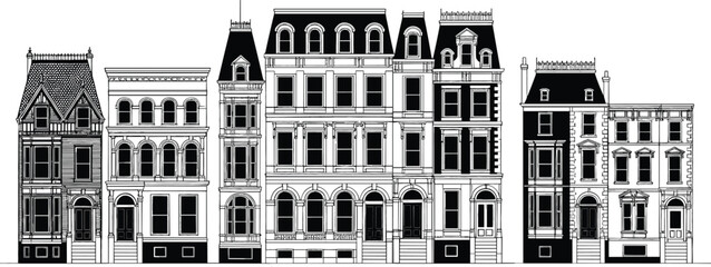 Row of classic vintage urban building silhouettes with intricate architectural details and windows isolated on white background for city skyline and real estate design projects