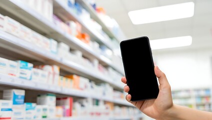 Hand holding a blank smartphone screen in a pharmacy or drugstore setting.