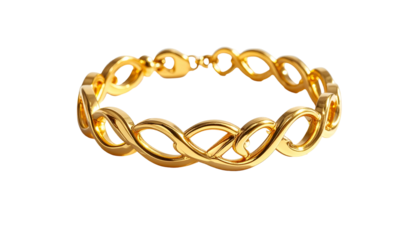 A close-up shot of a delicate, ornate gold bracelet with a repeating infinity-symbol design against a black background
