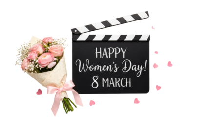 8 march womens day bouquet of pink flowers and a movie clapperboard with happy womens day text visible, small confetti scattered no background