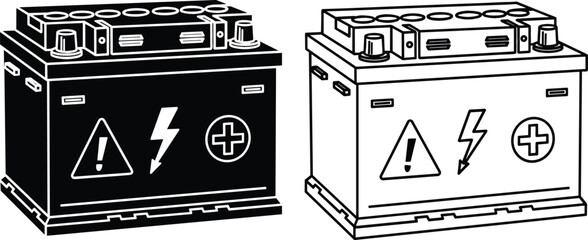 Car battery vector illustration set with silhouette and line art versions of automotive power cells for vehicle maintenance