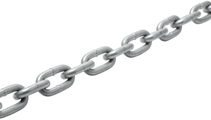A close-up view presents a metallic chain with silver, linked segments. The chain stretches diagonally across a stark black background