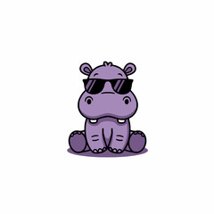 Naklejka premium Cute Cartoon Hippo Wearing Sunglasses Sitting Down.