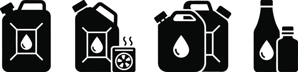 Industrial jerrycan and oil bottle icon set vector black silhouettes of fuel containers isolated on white background for automotive