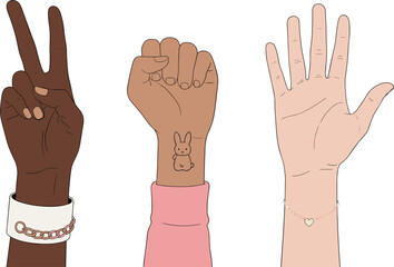 Diverse Human Hands Gestures Collection Showing Peace Sign, Fist, and Open Palm with Different Skin Tones Vector Illustration