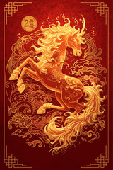 Golden oriental Chinese New Year dragon vector design with vintage floral ornaments and celebration textures on a red background illustration for a holiday card