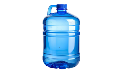 A large, translucent blue plastic jug, full of clear water, featuring a blue handle and cap, against a black background