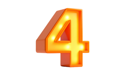A luminous, three-dimensional numeral "4" glows brightly against a stark black backdrop. Its outline is warm orange, illuminated by internal lights