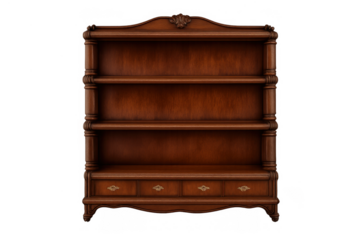 Ornate wooden bookshelf displaying elegant carvings and multiple open shelves with lower drawers, providing storage for a classic setting