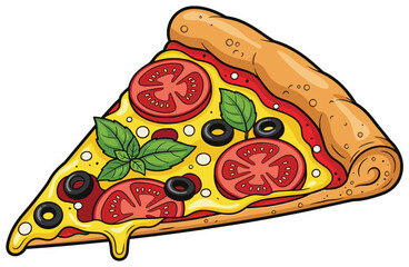 Gourmet Italian pizza slice vector illustration featuring fresh tomatoes basil leaves and black olives on melted cheese for restaurant menus