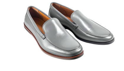 A studio shot shows two gray leather slip-on shoes with a glossy finish. They sit on a black background, showcasing the style