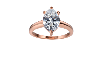 A stunning, rose-gold engagement ring against a black background. The ring features a sparkling, marquise-cut diamond held by delicate prongs