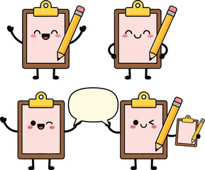 Cute kawaii clipboard character set featuring expressive notepad mascots with pencils for productivity apps education and digital stickers