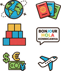 Global travel and international business icons with world map passports shipping containers foreign currency and airplane symbol © 张锋
