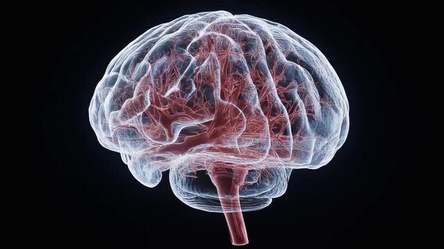 Translucent brain with blue-gray contours red vascular networks set against a dark shiny background