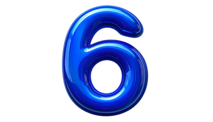 A vibrant, glossy, three-dimensional representation of the number six in a rich shade of azure, set against a stark black backdrop