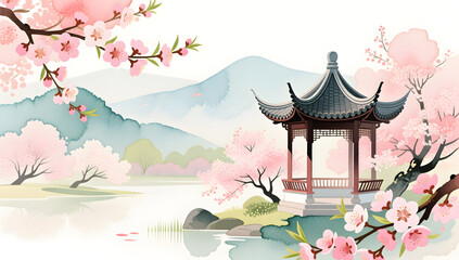Obraz premium Beautiful spring landscape with peach blossoms and ancient pavilion
