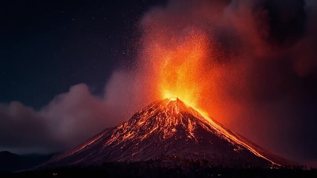 Night volcano eruption, glowing lava plume pouring from crater, dark slopes glow in ash-lit nightsky