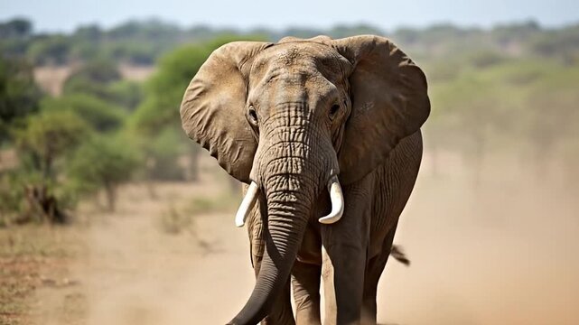 Elephant charging through dusty savanna landscape, majestic wildlife action