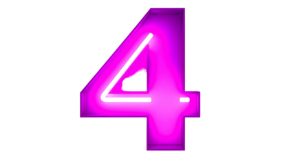 A vibrant, neon-style numeral "4" glows brightly against a stark black background. The illuminating effect is mesmerizing