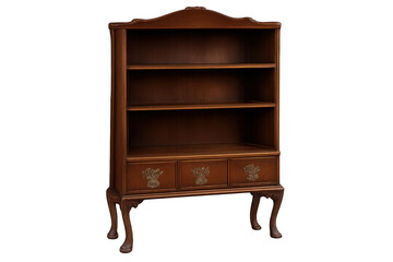 Wooden antique bookcase with shelves and drawers, empty vintage furniture for classic home interiors, isolated