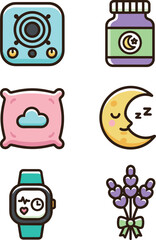 Sleep Quality and Relaxation Icons with Lavender Night Light Pillow Smartwatch and Moon Symbols for Better Rest and Wellness Design
