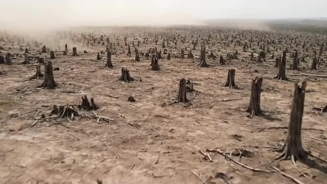 Devastating Deforestation: Aerial View of Barren Land and Stumps