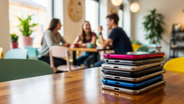 Stack of smartphones on a table &ndash; symbol of digital disconnection and social media restrictions