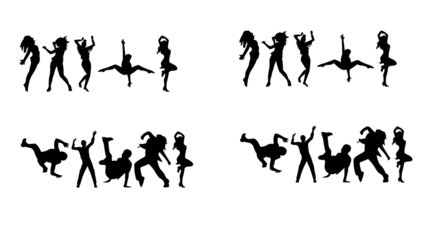 Dancers in dynamic poses, black silhouettes on white background