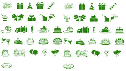 Green birthday icons on white and black backgrounds for celebrations