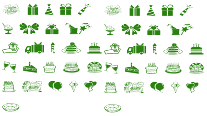 Green birthday icons on white and black backgrounds for celebrations