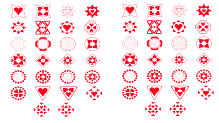 Red heart symbols and geometric shapes on white and black backgrounds