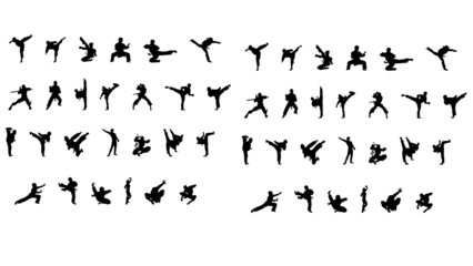Dynamic martial arts silhouettes in various fighting stances and poses