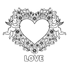 vector illustration of heart with floral ornament, Cupid coloring page 