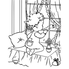 child Kneeling on bed and Looking out the window coloring page