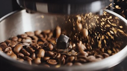 Top view of Roasted Coffee Beans filling grinder hopper representing Supply Chain and Commodity Quality.