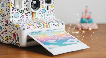 Instant Camera Printing Rainbow Sky Photo with Stars and Castle
