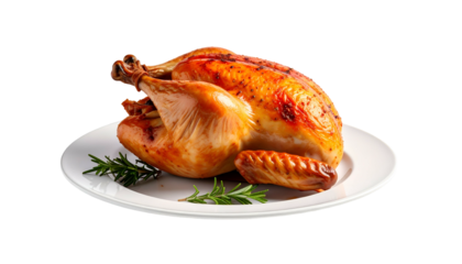 A whole roasted poultry dish sits perfectly on a round white plate, garnished with green sprigs against a black backdrop