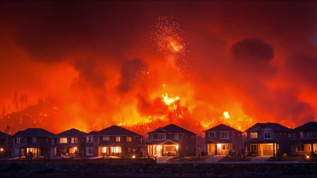Row of suburban houses glows orange as a massive wildfire rages behind, smoke filling the sky above