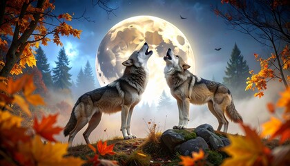 Two wolves howling at the full moon in an autumn forest landscape under a mystical night sky