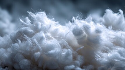 Close-up view of fluffy, white, fibrous material with subtle shading and depth. The soft texture contrasts against a blurred background