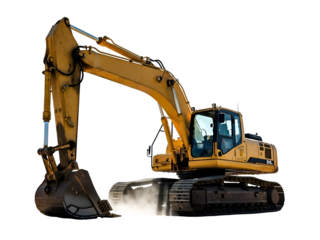 Professional Yellow Excavator Heavy Equipment Earthmoving Digger Construction Machinery on white background Isolated on Transparent Background