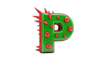Green Letter P with Red Spikes and Spheres